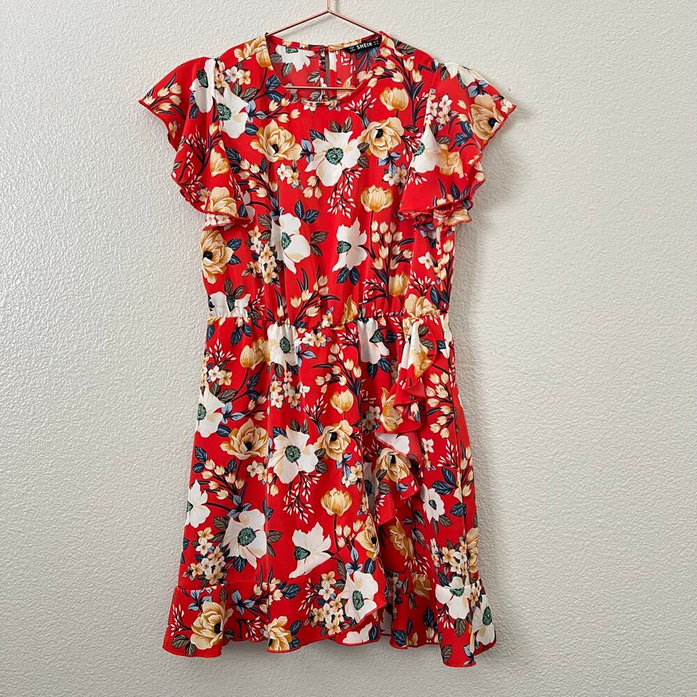 SHEIN red floral faux wrap ruffle dress flutter sleeves